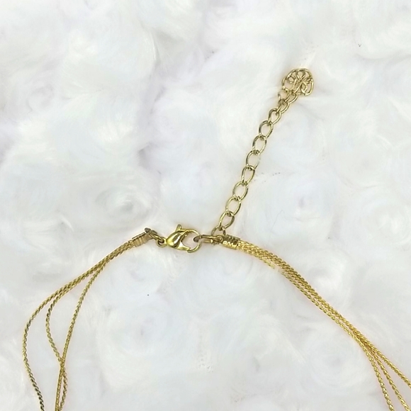 Gold Triple Layered with Amber, Brown, Gold Beads & Orange Rhinestones Necklace - Picture 4 of 6